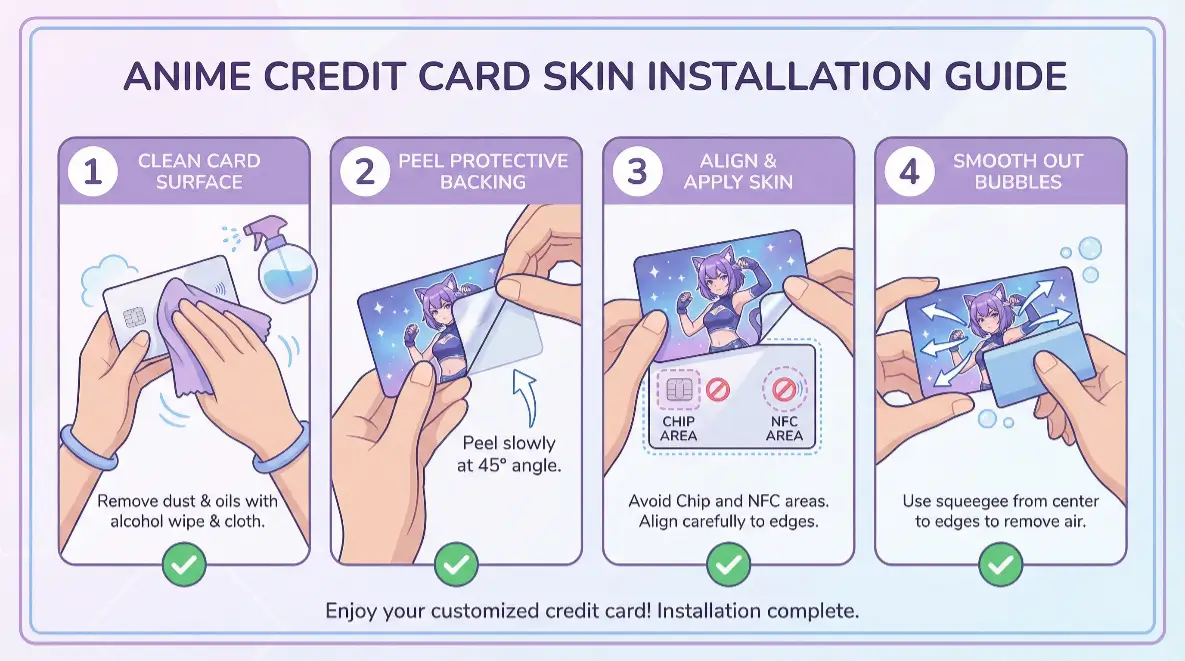 Processo in quattro fasi per installazione skin carta anime senza bolle Guida visiva passo-passo per applicare adesivo carta di credito anime