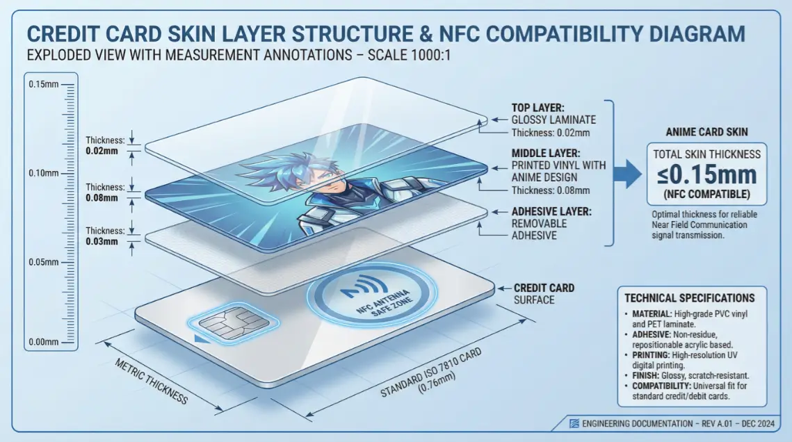 Struttura stratificata della skin carta di credito anime con misure Diagramma sezione trasversale che mostra lo spessore dello strato skin anime su carta di credito