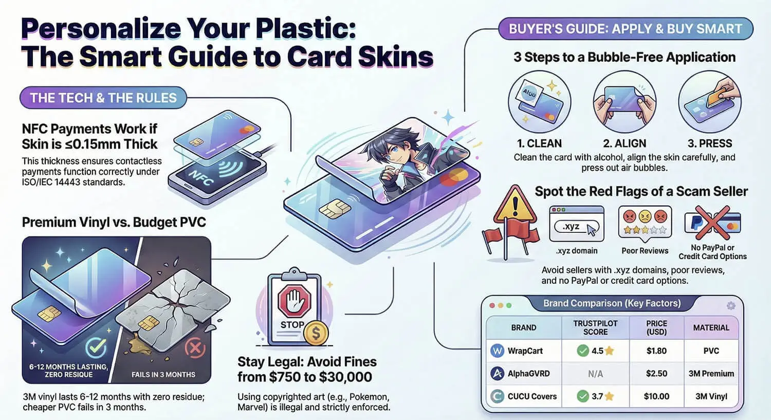 Guida Intelligente alle Skin per Carte - Guida visiva completa per personalizzazione skin anime Infografica Guida Intelligente alle Skin per Carte - stili di skin carta di credito anime, passaggi di applicazione e guida compatibilità NFC