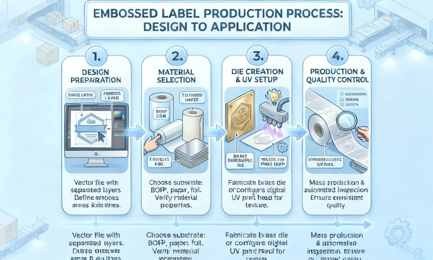 Processo completo di produzione di etichette in rilievo Flusso di lavoro di produzione di etichette in rilievo passo dopo passo dal design all'applicazione