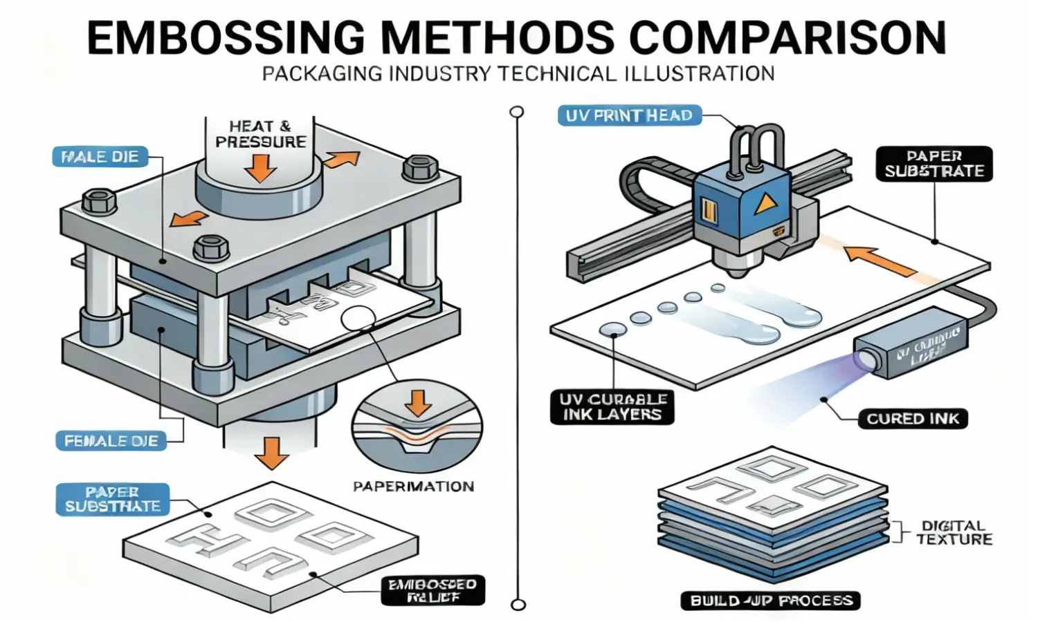 Due metodi principali per creare effetti di etichetta in rilievo Diagramma comparativo tra embossing meccanico ed embossing digitale UV