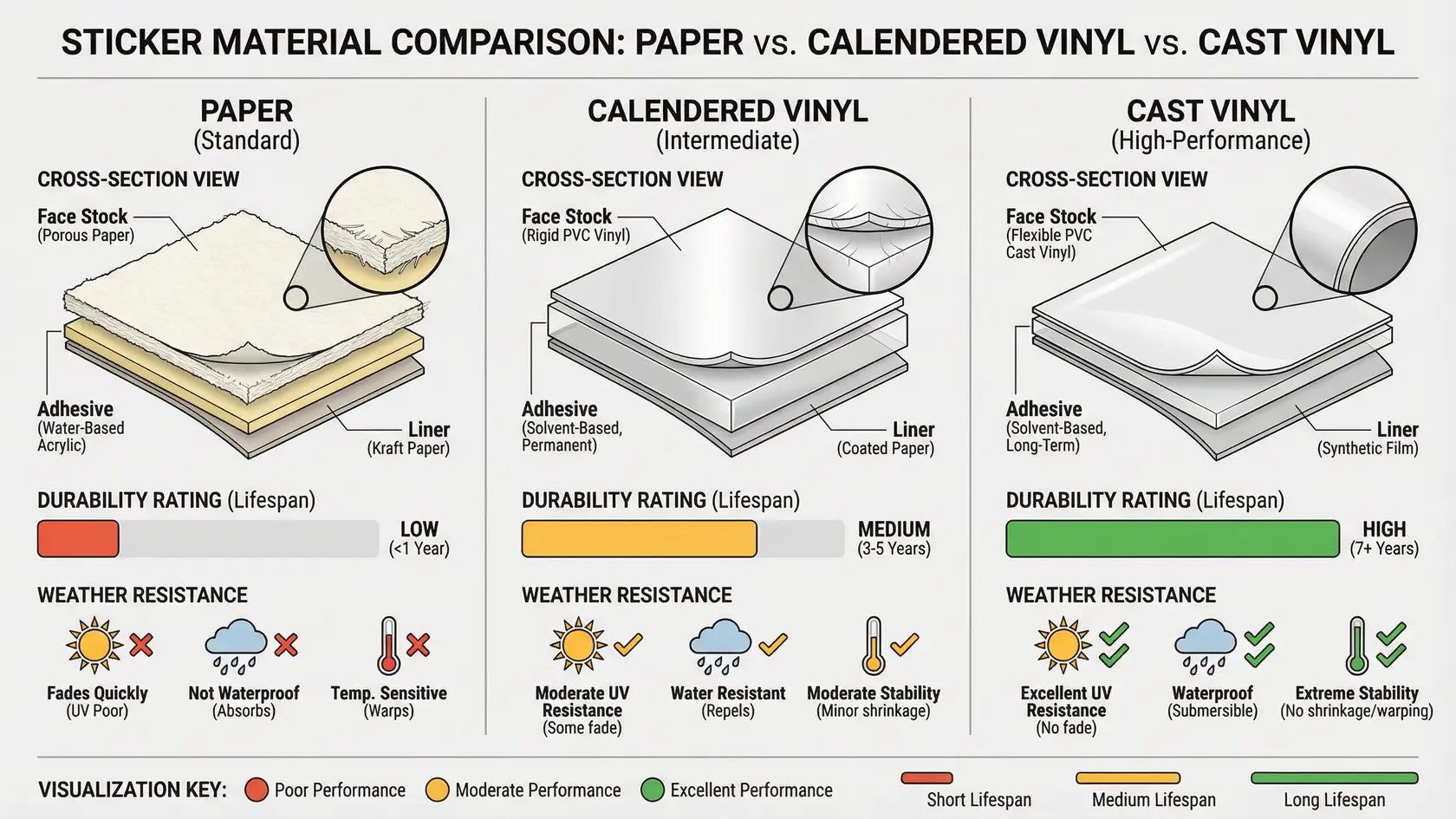 Confronto di materiali per adesivi in vinile, carta e speciali con valutazioni di durata