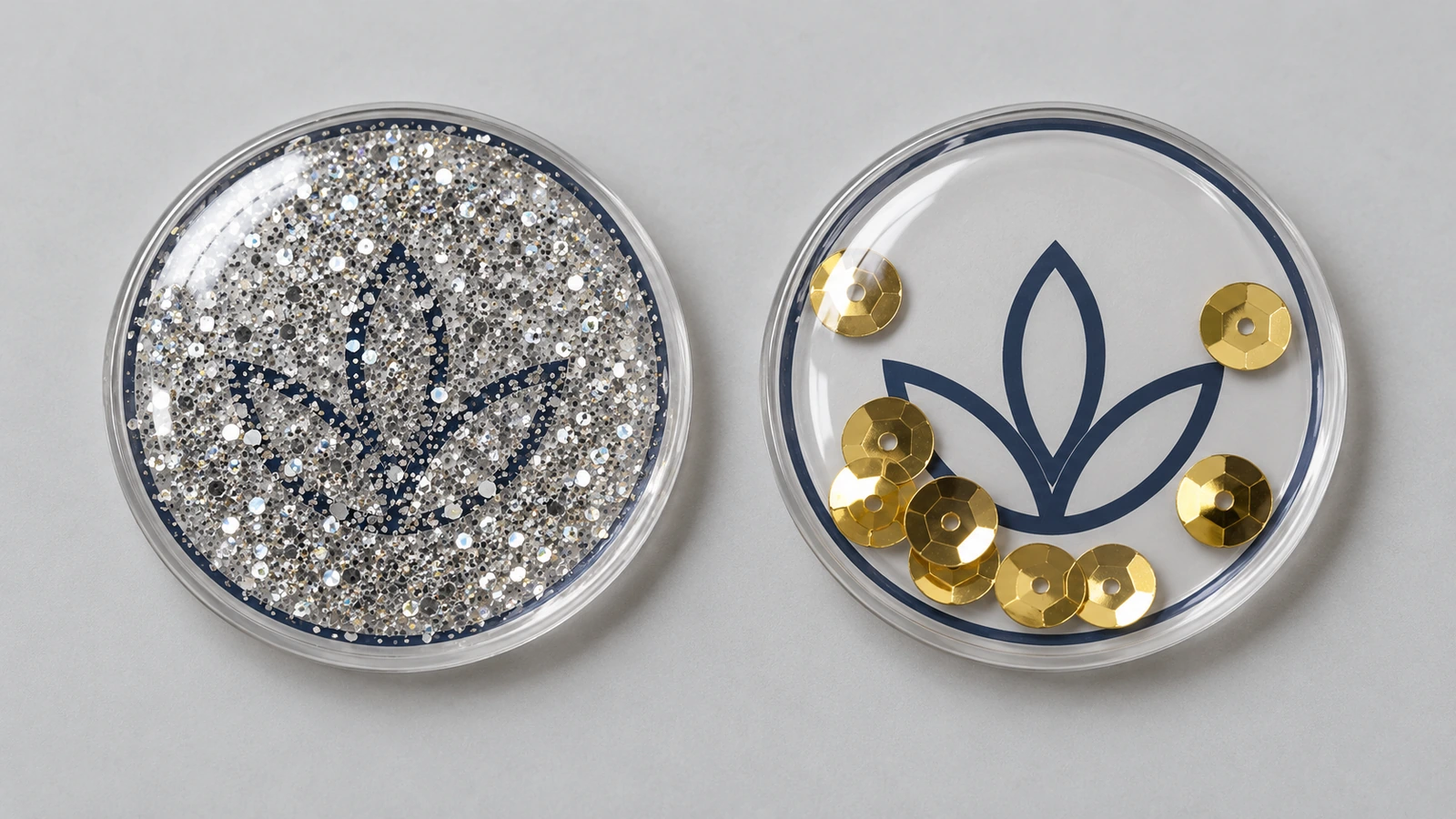 Due sticker con emblema astratto identici affiancati: uno sepolto sotto glitter fine e denso, l’altro chiaramente visibile con alcune paillettes grandi