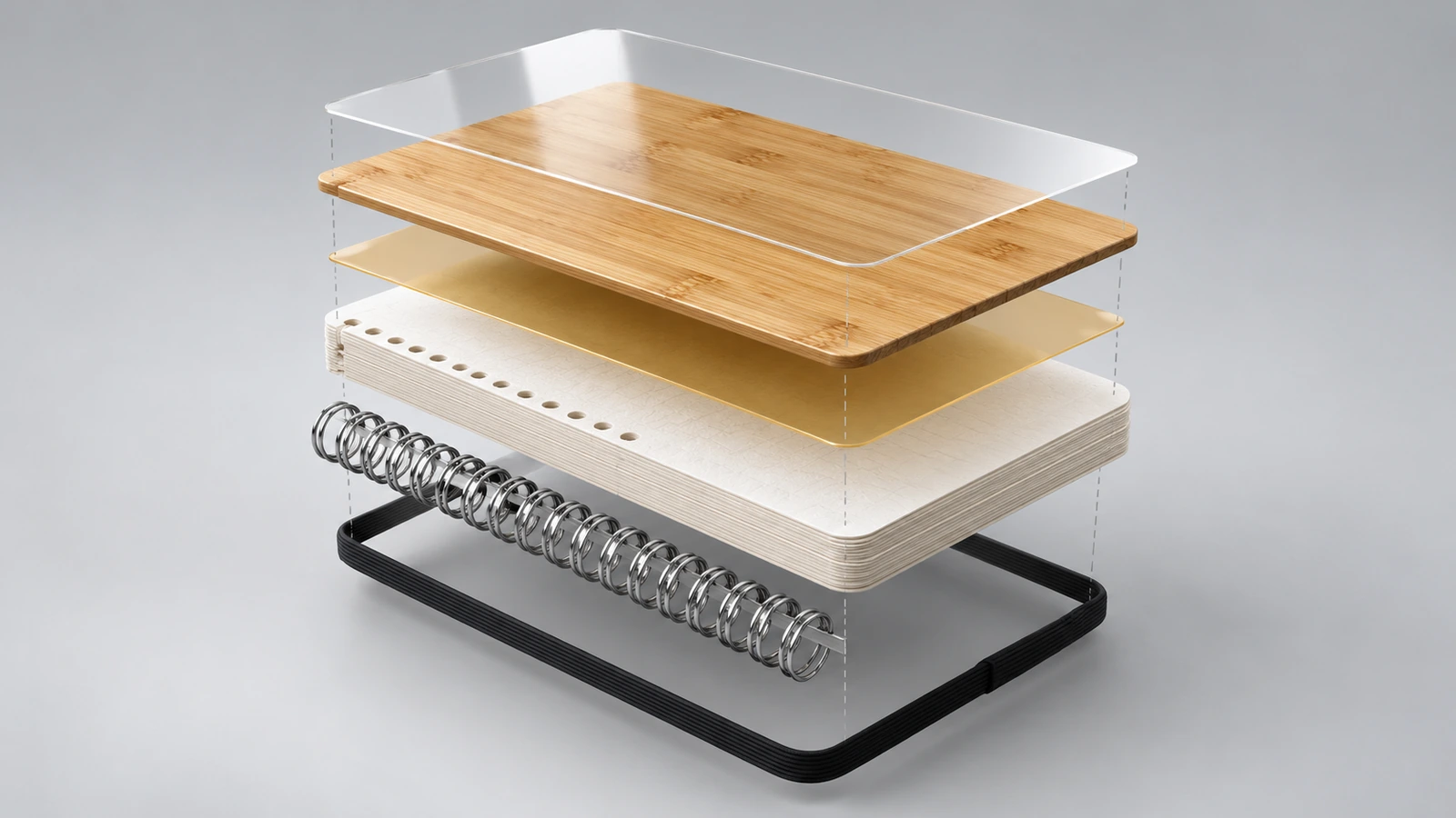 Vista esplosa di un quaderno con copertina in bambù che separa il pannello di bambù, lo strato adesivo, il rivestimento superficiale, il blocco di pagine, la rilegatura metallica e l'elastico