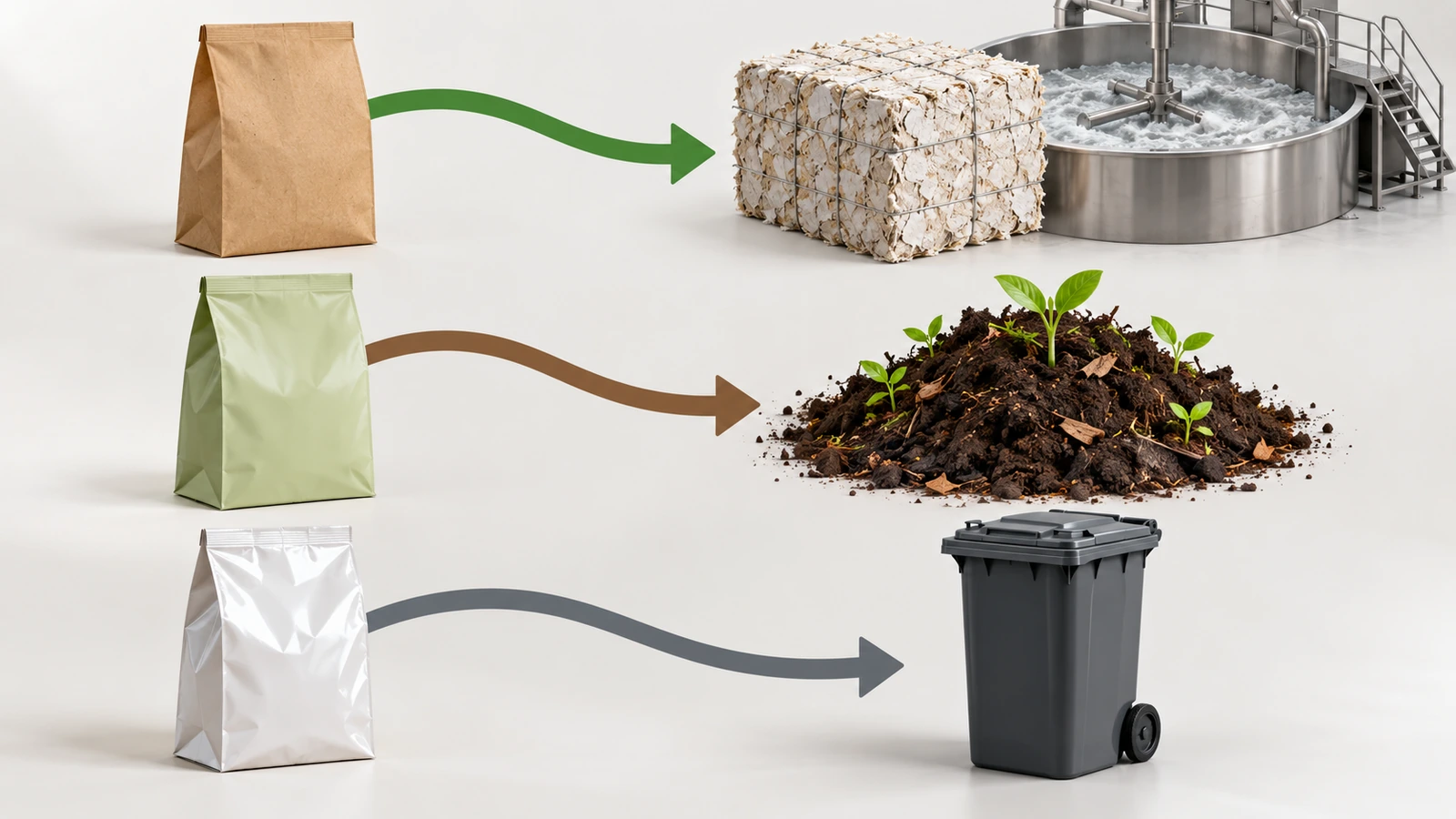 Illustrazione di tre sacchetti di carta per alimenti che seguono frecce separate verso un flusso di riciclo della carta, un impianto di compostaggio industriale e un bidone dei rifiuti indifferenziati, per mostrare come la scelta della barriera determini i percorsi di fine vita