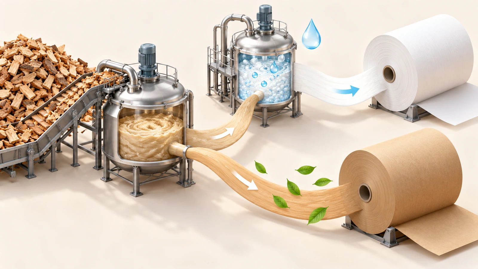 Illustrazione di un unico flusso di polpa kraft che si divide in due percorsi: uno va dritto ai rotoli di kraft marrone e uno passa attraverso una fase di sbiancatura aggiuntiva fino ai rotoli di kraft bianco
