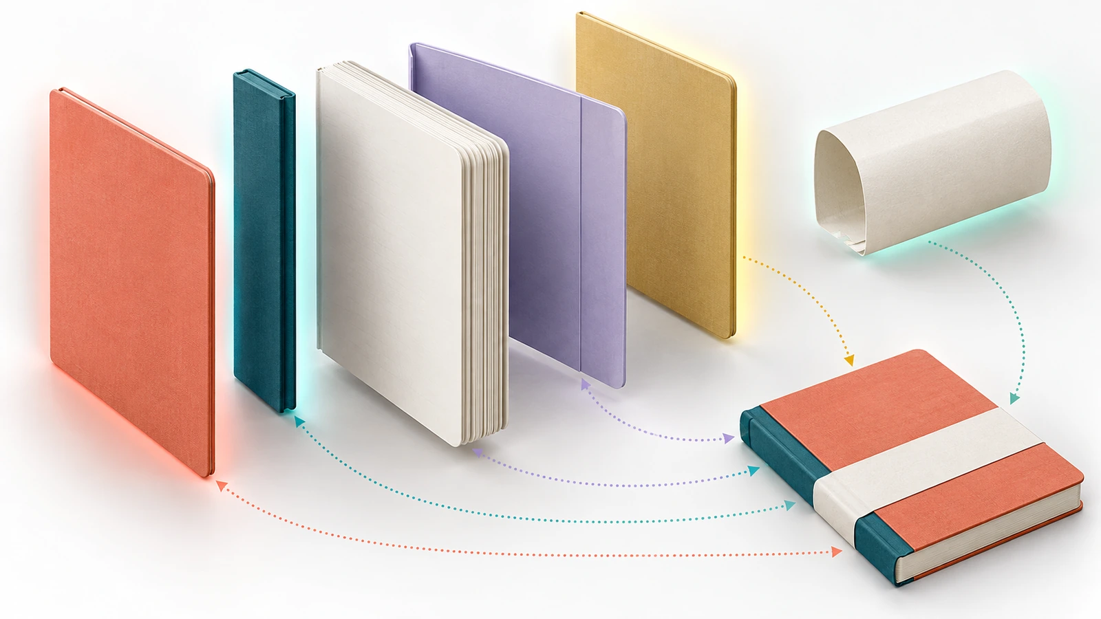 Vista esplosa di un quaderno con copertina rigida in cui copertina anteriore, dorso, quarta di copertina, interno della copertina e una fascetta rimovibile sono evidenziati ciascuno con un colore diverso