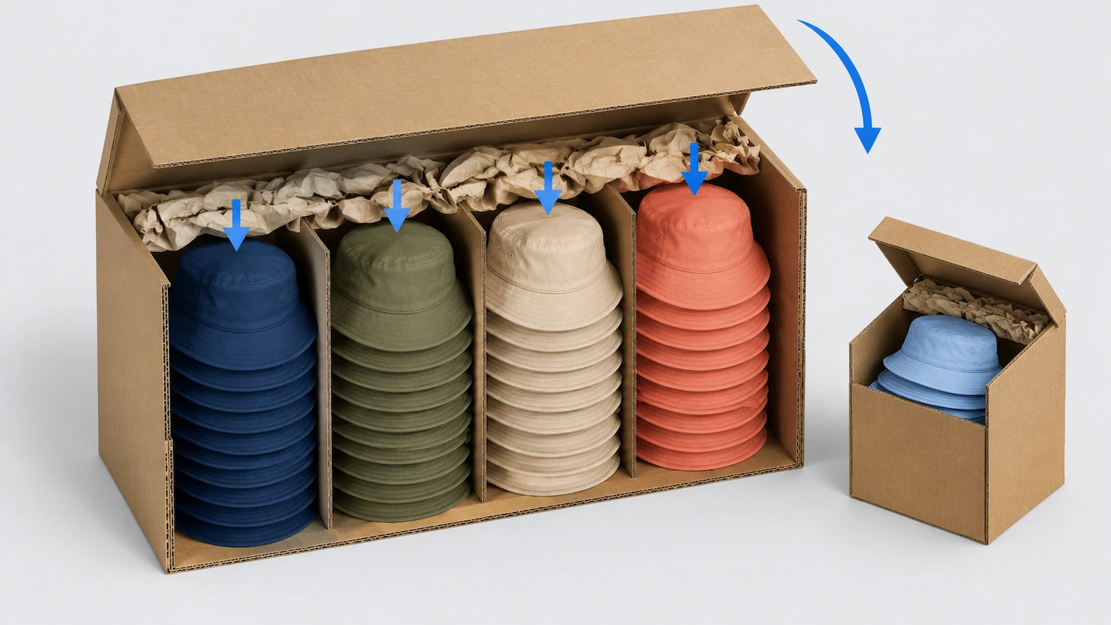 Illustrazione in sezione di un cartone di spedizione con pile verticali di cappelli alla pescatora a incastro divise per colore, con frecce che indicano la direzione di impilamento e il riempimento dei vuoti