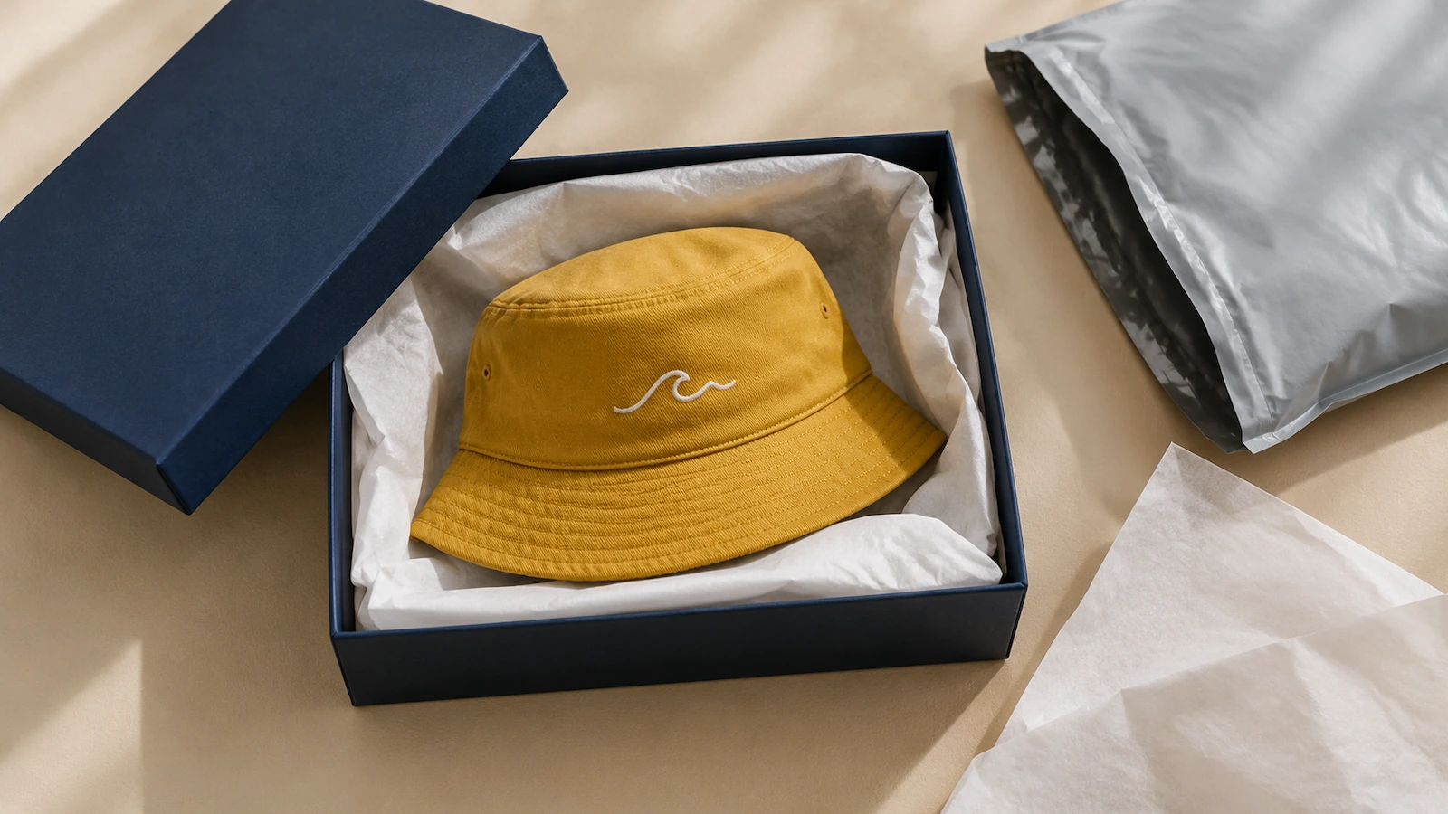 Cappello alla pescatora piegato, appoggiato su carta velina dentro una scatola regalo rigida aperta, accanto a una busta postale imbottita, su sfondo neutro da studio