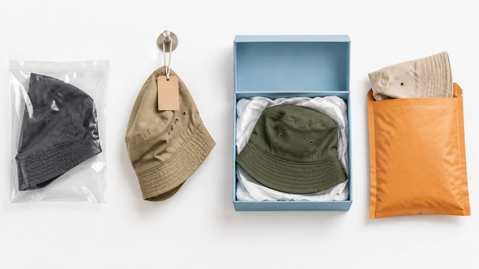 Quattro formati di confezionamento per cappelli alla pescatora a confronto: un cappello in un sacchetto in polietilene trasparente, un cappello con un cartellino bianco appeso a un gancio, un cappello in una scatola personalizzata aperta con carta velina e un cappello piegato in una busta postale imbottita