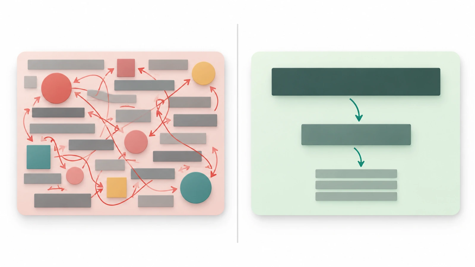 Diagramma che confronta un biglietto da visita affollato con una chiara gerarchia a tre livelli, con frecce che mostrano il percorso dello sguardo dal punto focale ai dati di contatto