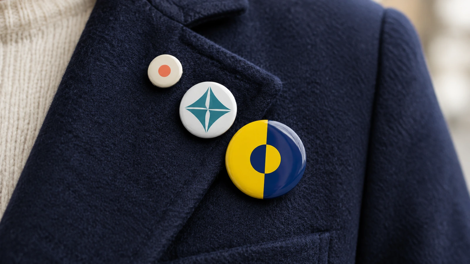 Tre spille tonde con retro a spillo di diametro piccolo, standard e grande, appuntate in fila sul bavero di una giacca blu navy, ciascuna con una semplice grafica astratta a blocchi di colore