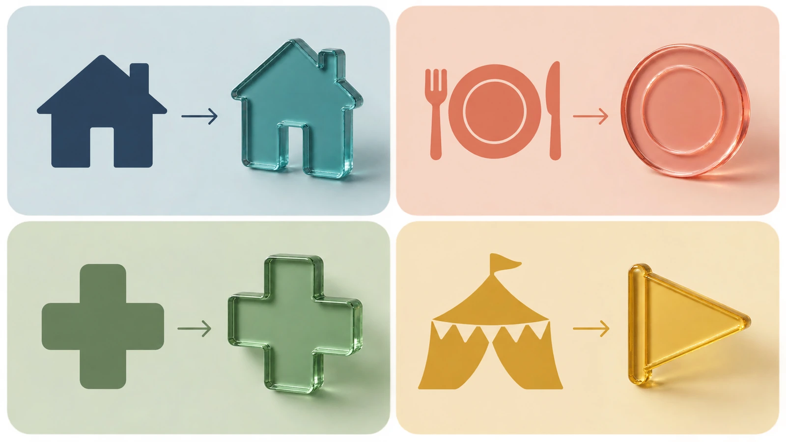 Illustrazione a 4 riquadri che abbina una casa, un piatto con posate, una croce medica e una tenda per eventi a forme di calamita colorate coordinate, per mostrare i diversi obiettivi di campagna