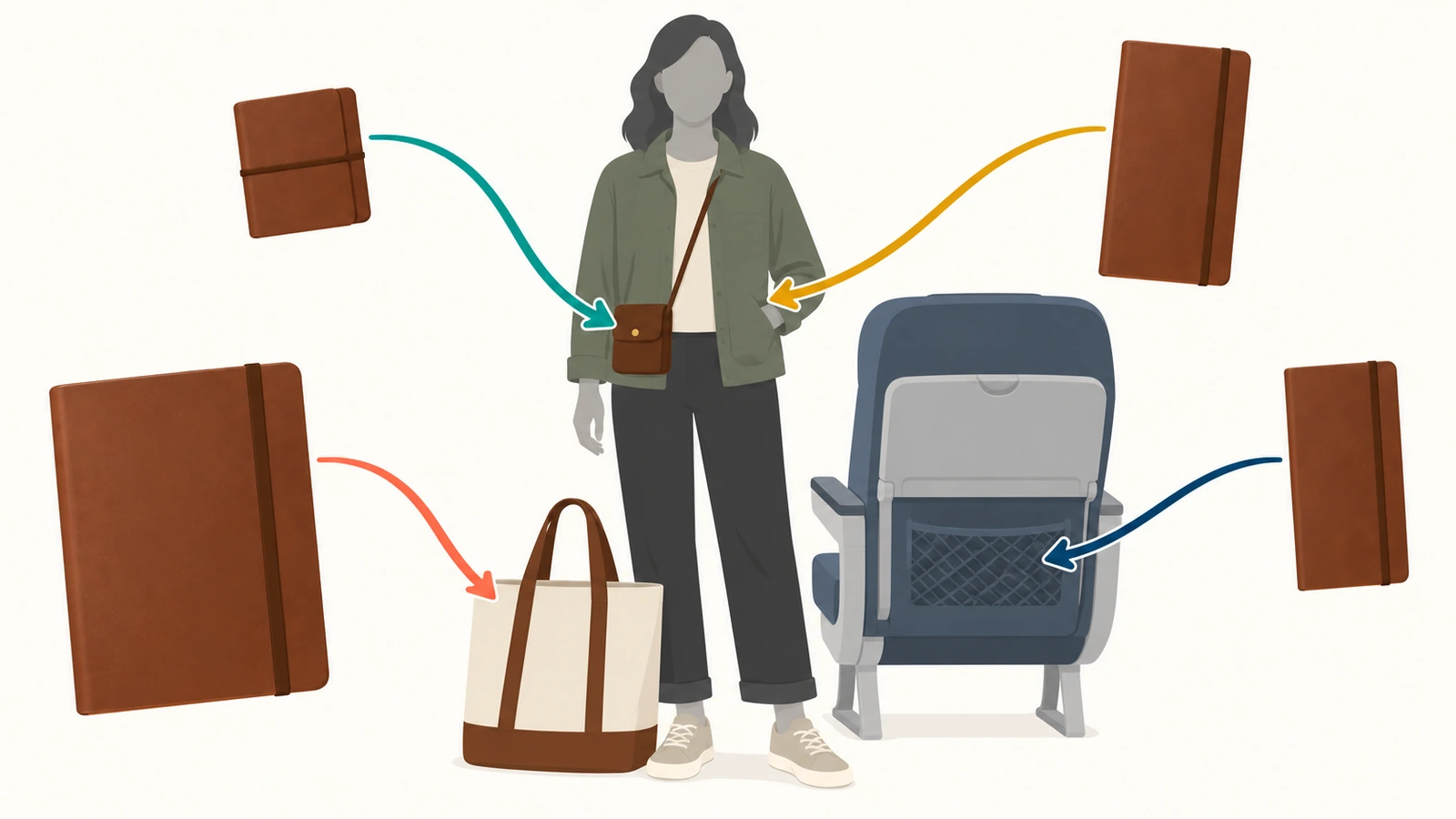 Illustrazione della silhouette di un viaggiatore con frecce colorate che collegano diverse dimensioni di diario a una tasca di giacca, una borsa a tracolla, una tasca dello schienale e una borsa a spalla
