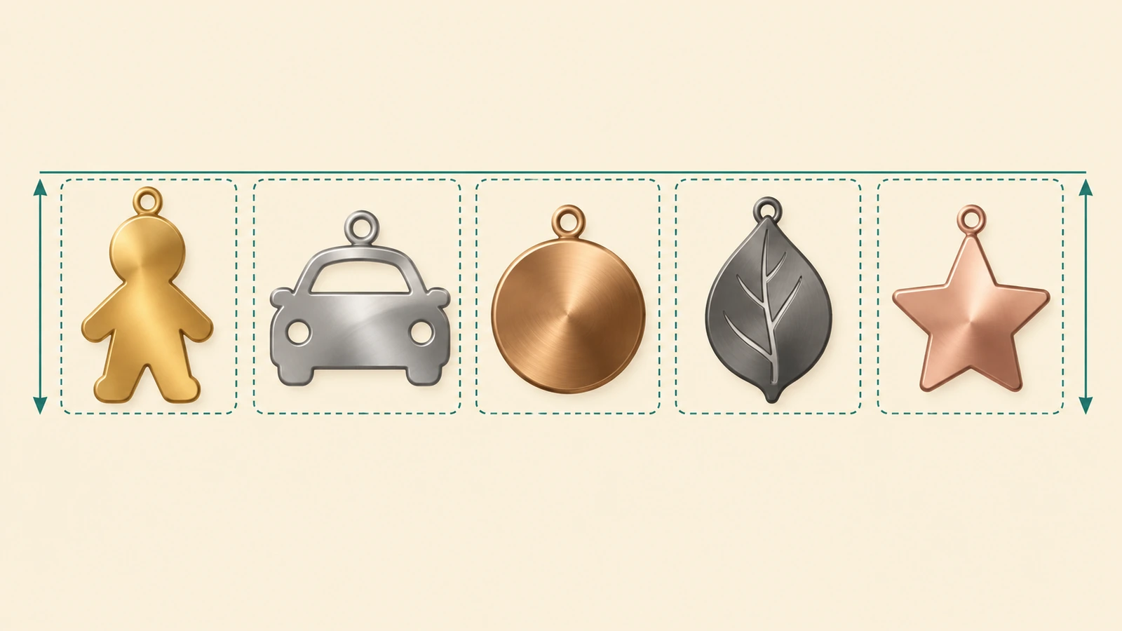 Schema di una famiglia dimensionale di serie di charm: cinque diverse sagome di charm all'interno di cornici identiche con contorno e frecce che indicano un'altezza condivisa