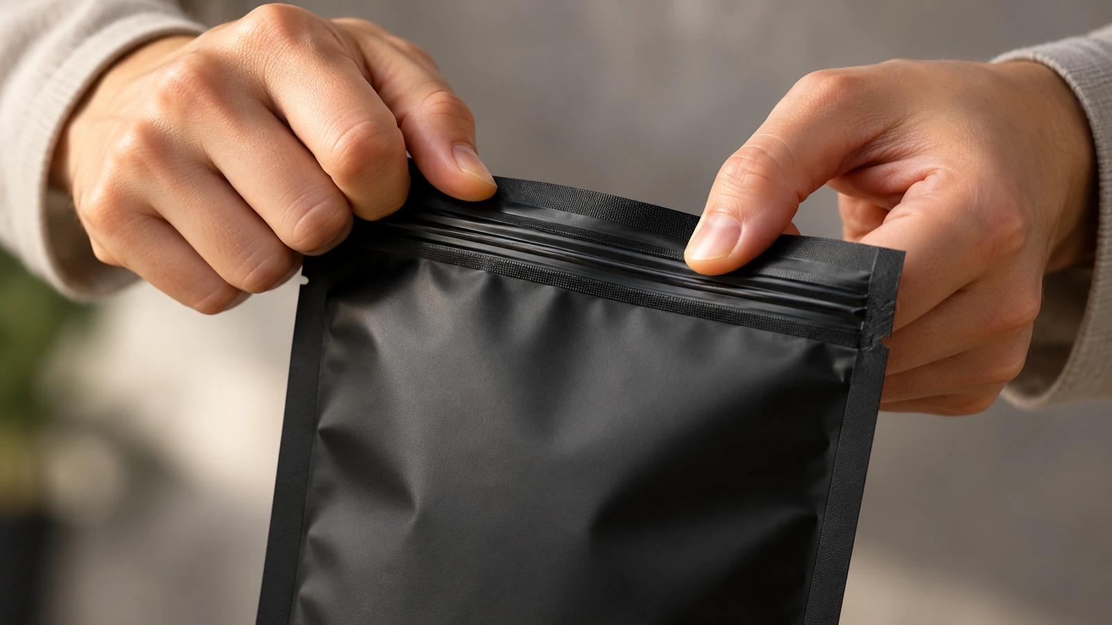 Primo piano di mani adulte che premono e pizzicano una chiusura zip a prova di bambino su una busta piatta nera opaca