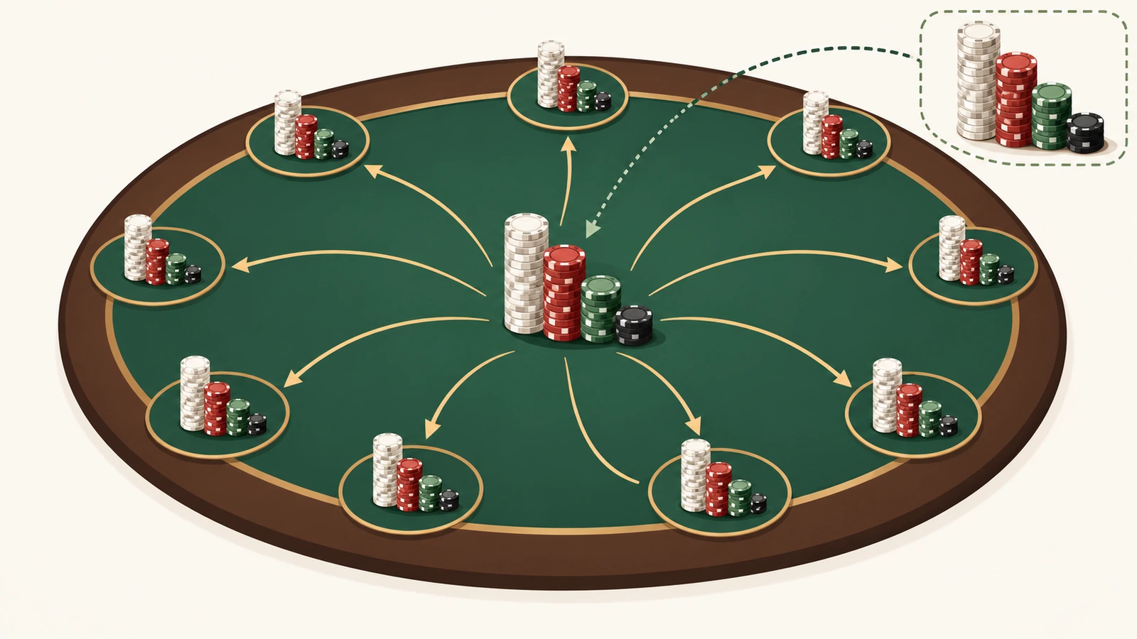 Schema di un banco di fiches con torri di altezza diversa per taglio, frecce che distribuiscono stack iniziali uguali ai posti dei giocatori e una torre di riserva trattenuta per i rebuy