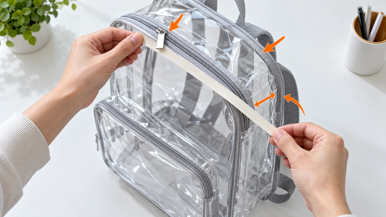 Mani che misurano con un metro a nastro l'altezza esterna, la larghezza e la profondità del soffietto di uno zaino in PVC trasparente, con frecce che indicano che cursori e rifiniture contano ai fini delle dimensioni