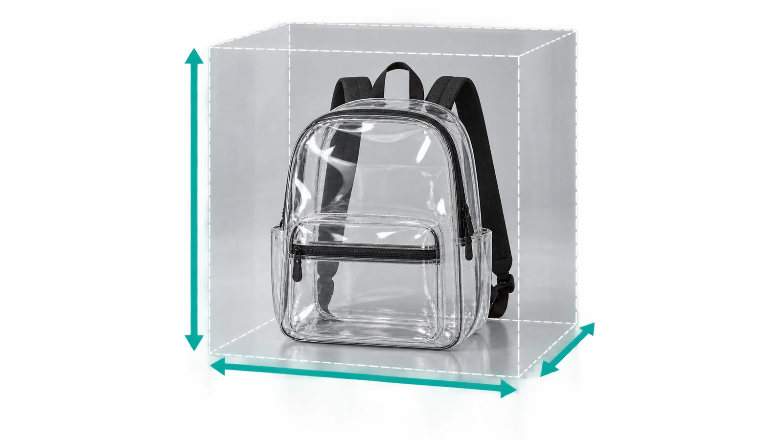 Zaino in PVC trasparente collocato all'interno di un parallelepipedo tratteggiato trasparente che rappresenta il limite dimensionale dello stadio di 12 x 6 x 12 pollici, con frecce lungo altezza, larghezza e profondità