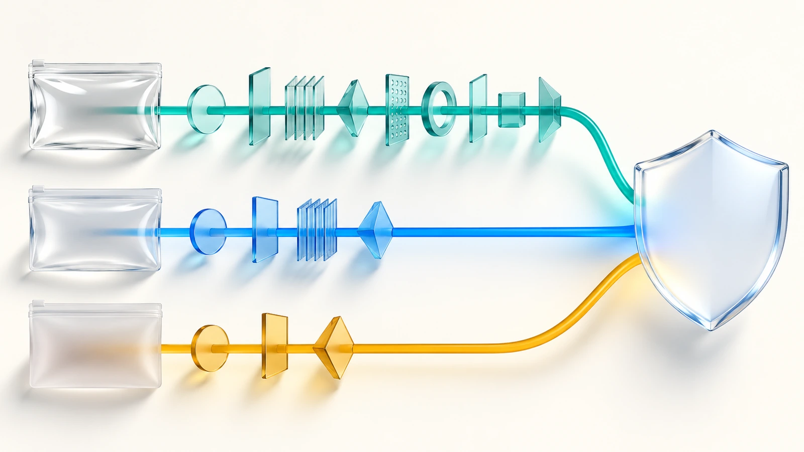 Diagramma astratto di tre icone di film trasparenti, ciascuna che attraversa cancelli di controllo diversi verso una forma di scudo, a indicare che ogni materiale segue un percorso di conformità diverso