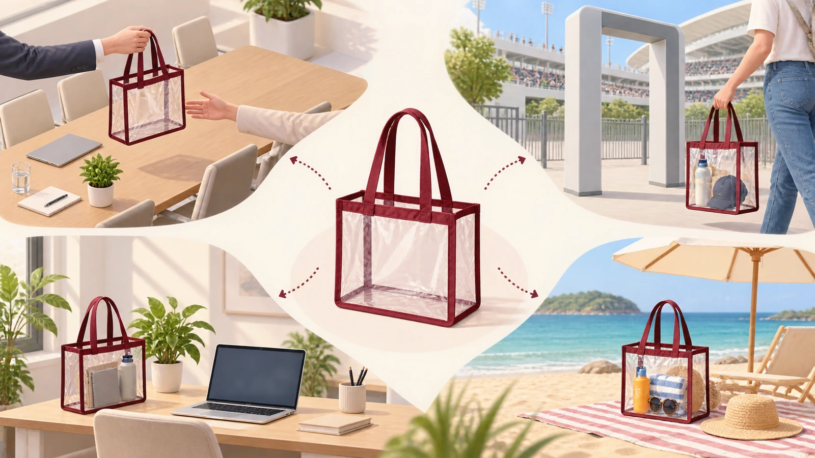 Illustrazione di una shopper trasparente che segue le frecce dalla consegna a una conferenza fino all'ingresso di uno stadio, a una scrivania d'ufficio e a una spiaggia, mostrando il suo riutilizzo dopo l'evento