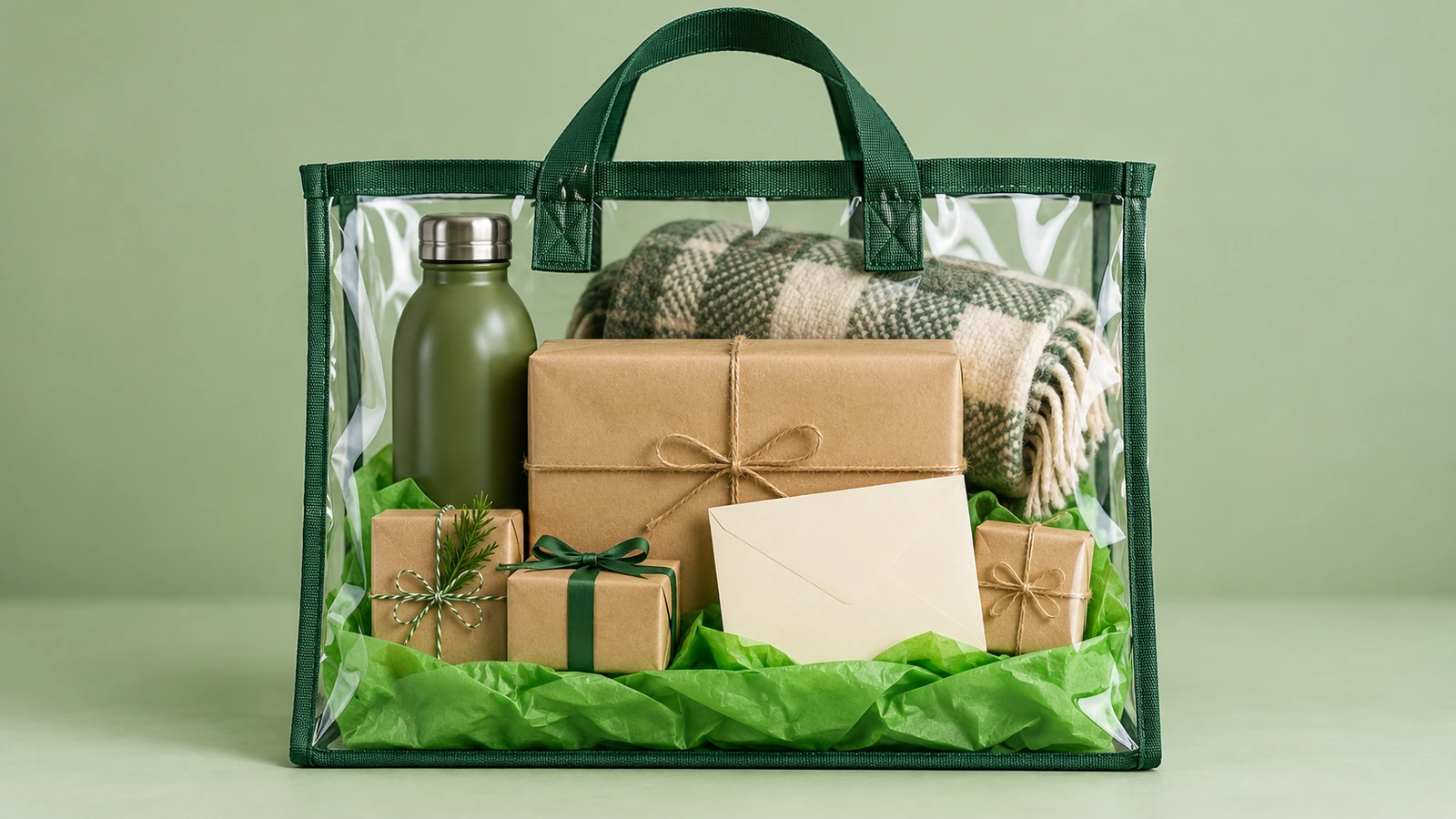 Vista frontale di una shopper regalo trasparente con gli articoli alti sul retro, un articolo di punta al centro sul davanti, carta velina colorata sul fondo e un biglietto sigillato rivolto verso l'esterno