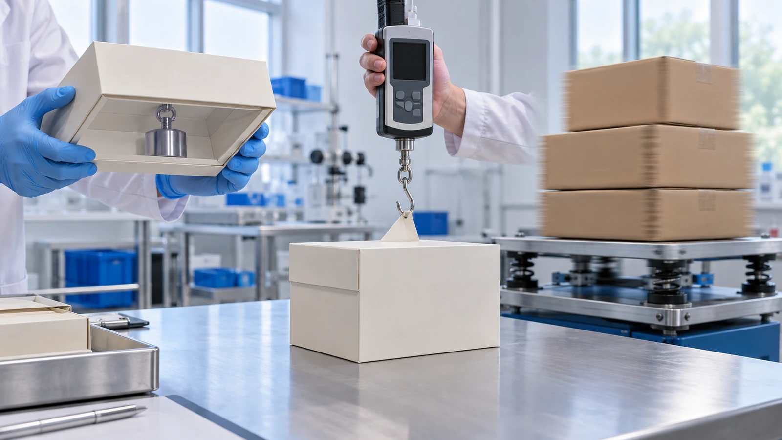 Scena di laboratorio con una scatola con chiusura magnetica carica, tenuta capovolta con il coperchio che resta chiuso, accanto a un dinamometro manuale che tira per aprire un coperchio e a una pila di scatole su un tavolo vibrante
