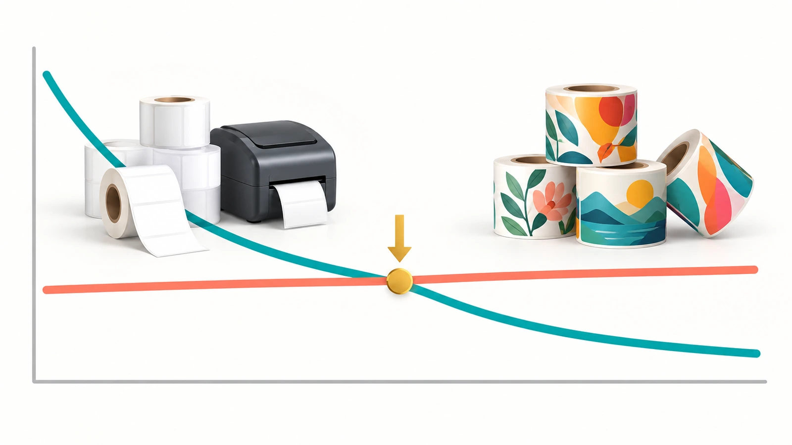 Grafico astratto con due curve che si incrociano: una scende rapidamente all'aumentare del volume per progetto grafico, l'altra resta piatta, con una freccia che indica il punto di incrocio
