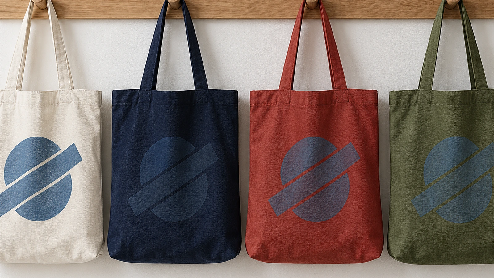 Quattro borse tote in tela nei colori naturale, blu navy, rosso e verde oliva, tutte stampate con lo stesso semplice marchio geometrico per mostrare come cambia il contrasto in base al colore della borsa