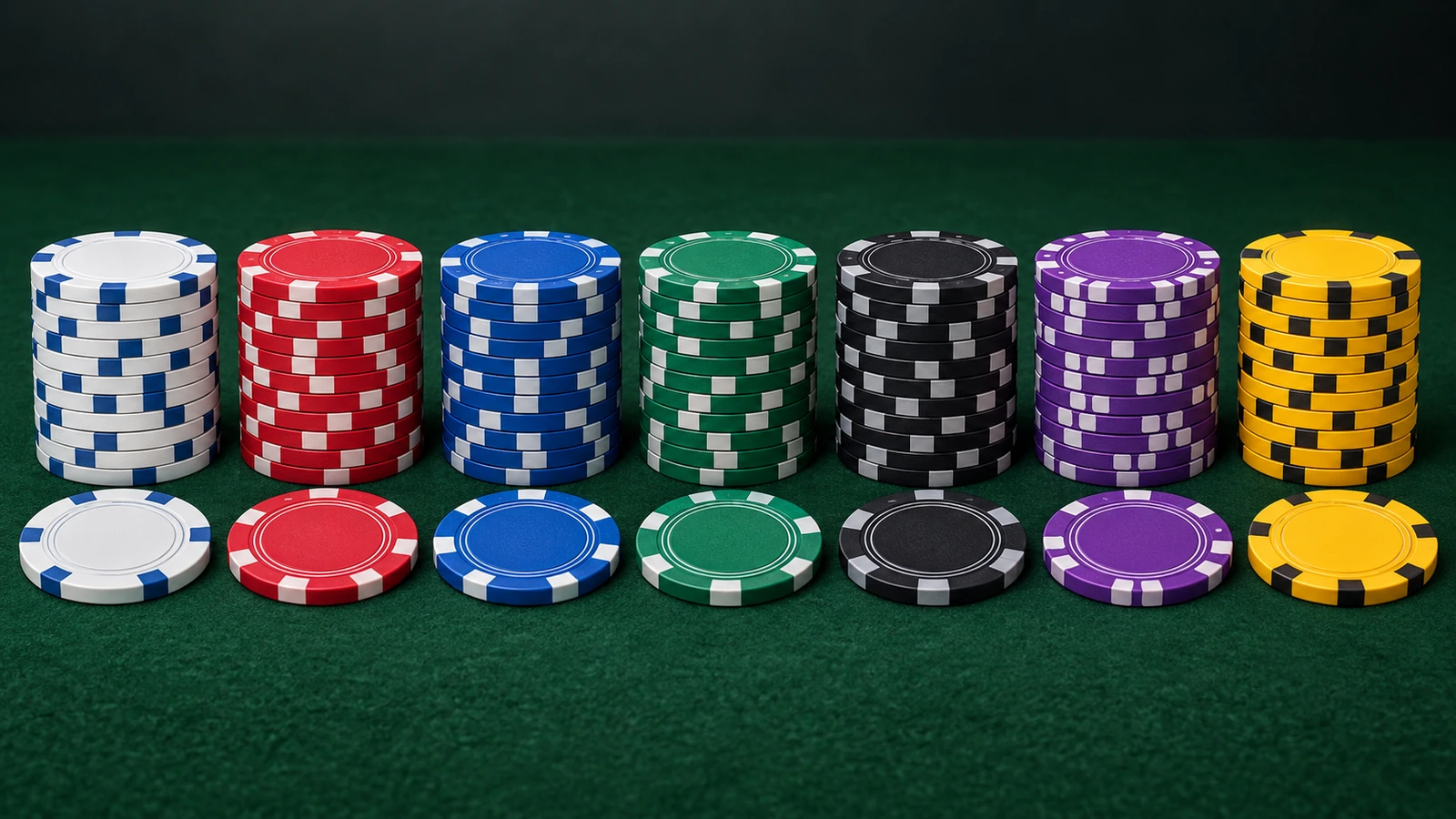 Sette pile di fiches da poker disposte dal taglio più chiaro al più scuro, nei colori convenzionali: bianco, rosso, blu, verde, nero, viola e giallo