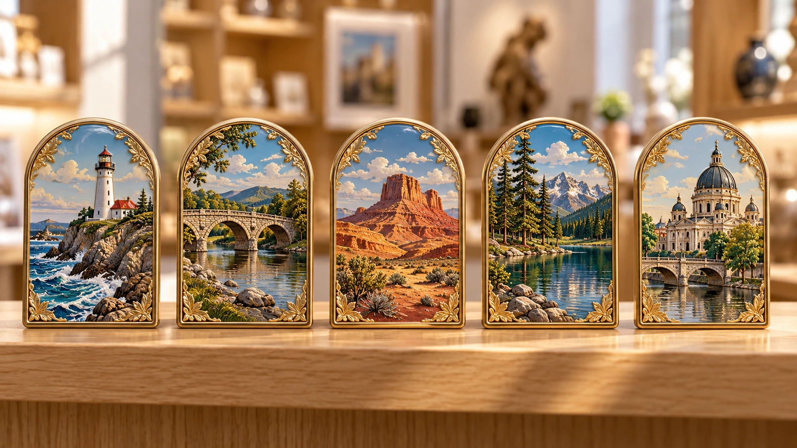 Fila di magneti da frigorifero in banda stagnata con un'unica cornice goffrata, ciascuno con una diversa scena di monumento per una serie di souvenir turistici