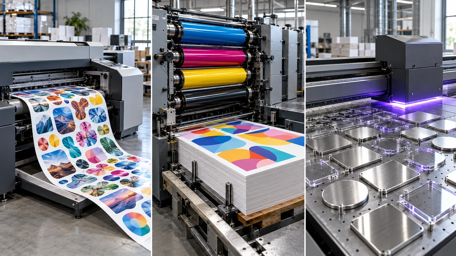 Tre metodi di stampa per calamite da frigorifero a confronto: macchina digitale su foglio flessibile, macchina offset con lastre e stampa UV a base piana su facce metalliche rigide