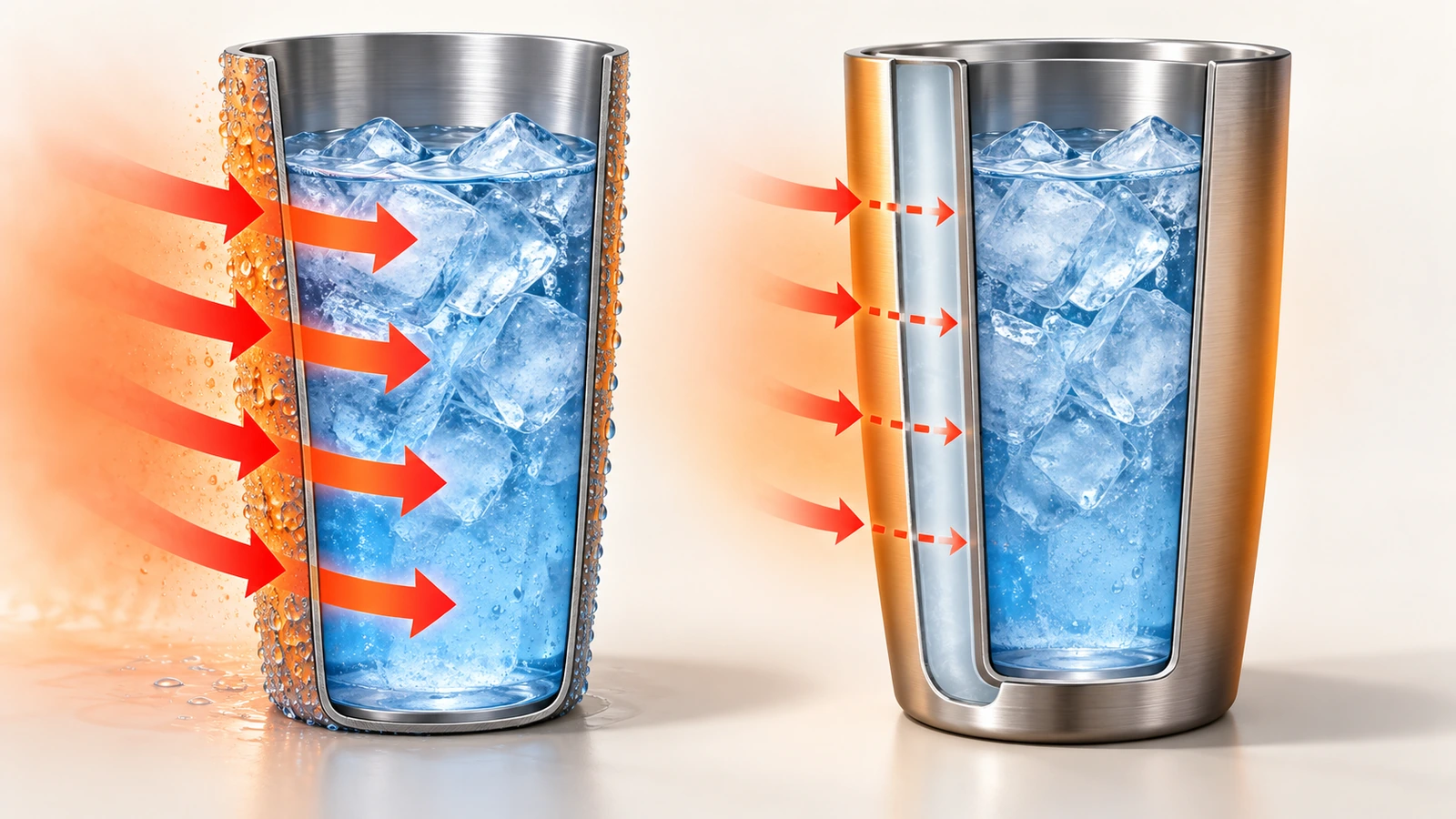 Sezione trasversale affiancata di un bicchiere in plastica a parete singola coperto di gocce d'acqua e di un tumbler in plastica a doppia parete con guscio esterno asciutto, con frecce che mostrano il flusso di calore rallentato dall'intercapedine d'aria