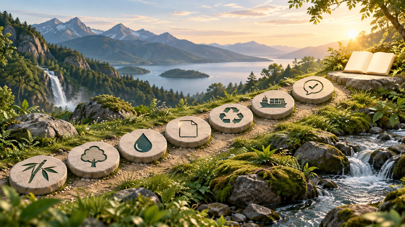 Percorso in sette fasi per verificare una dichiarazione ecologica su un quaderno in bambù, dall'identificazione del materiale alla certificazione, alla dichiarazione chimica, alla documentazione della carta, al fine vita, al trasporto e alla formulazione finale della dichiarazione