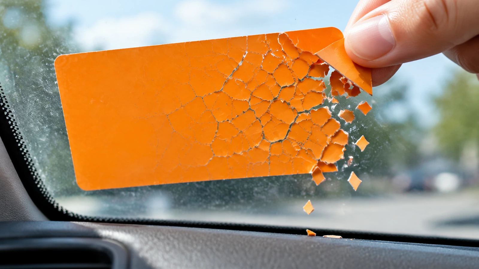 Primo piano di un permesso di parcheggio distruttibile all'interno di un parabrezza che si rompe in piccole scaglie mentre un dito solleva un angolo