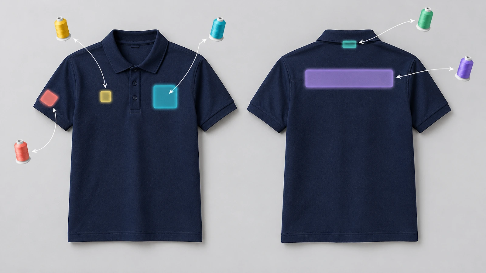 Polo in piqué di cotone blu marino, vista davanti e dietro, con le zone di ricamo evidenziate su petto sinistro, petto destro, manica, sprone posteriore e nuca