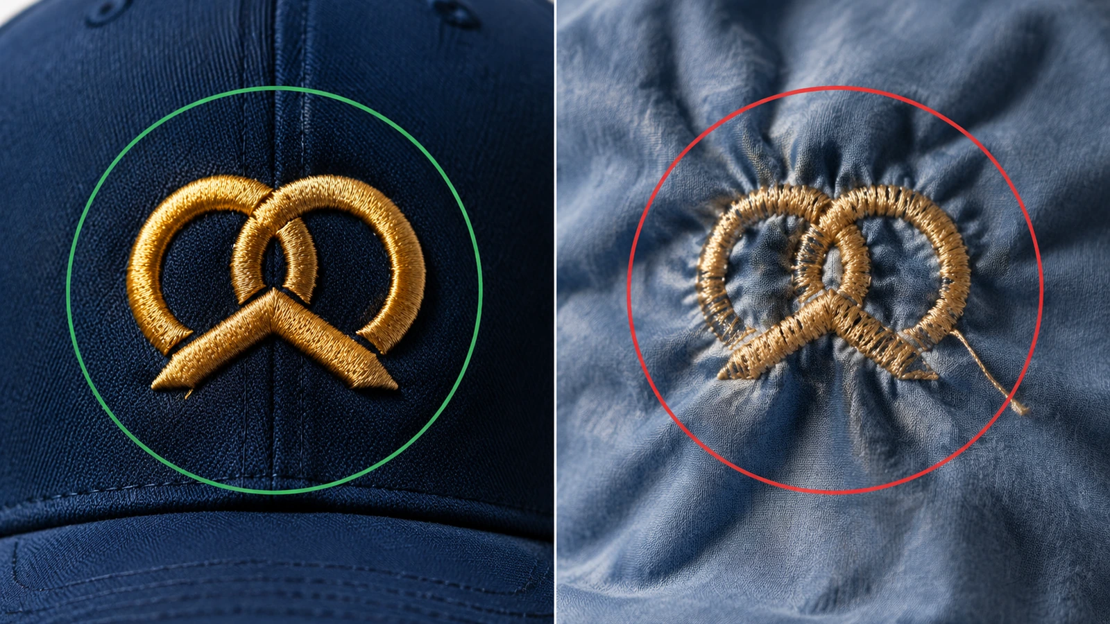 Confronto macro tra un ricamo a punto raso pulito e fitto su un frontale strutturato di cappellino trucker e un ricamo arricciato su un pannello morbido