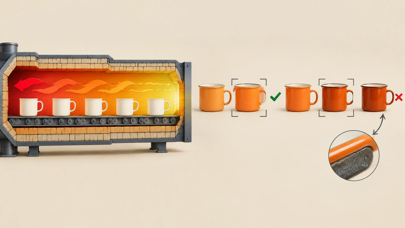 Illustrazione di un forno per smalti con frecce che indicano la variazione di calore e una fila di tazze arancioni che passano gradualmente da sfumature più chiare a più scure