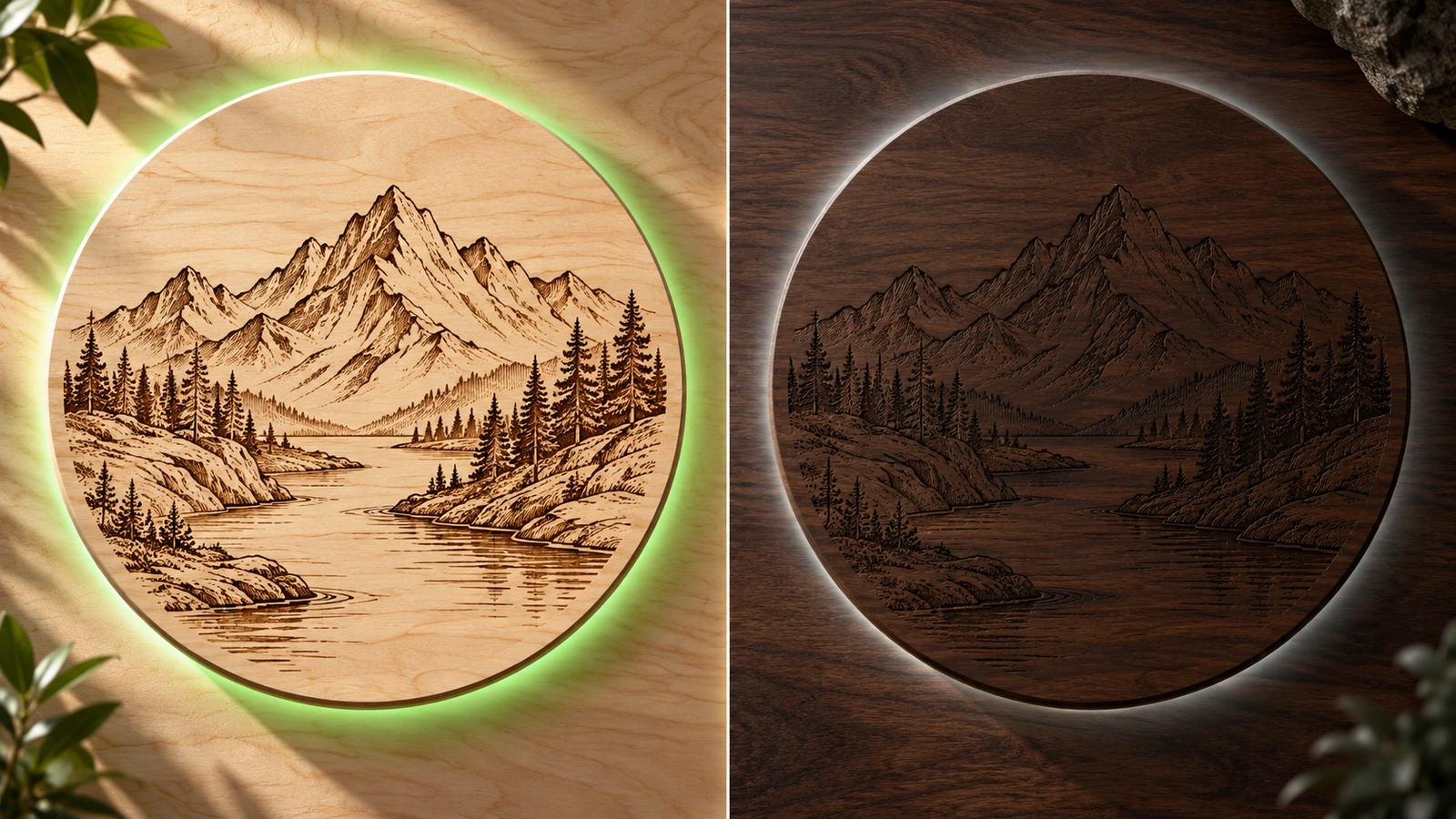 Lo stesso motivo al tratto inciso su un pannello di legno chiaro con contrasto nitido e su un pannello di legno scuro con contrasto tenue