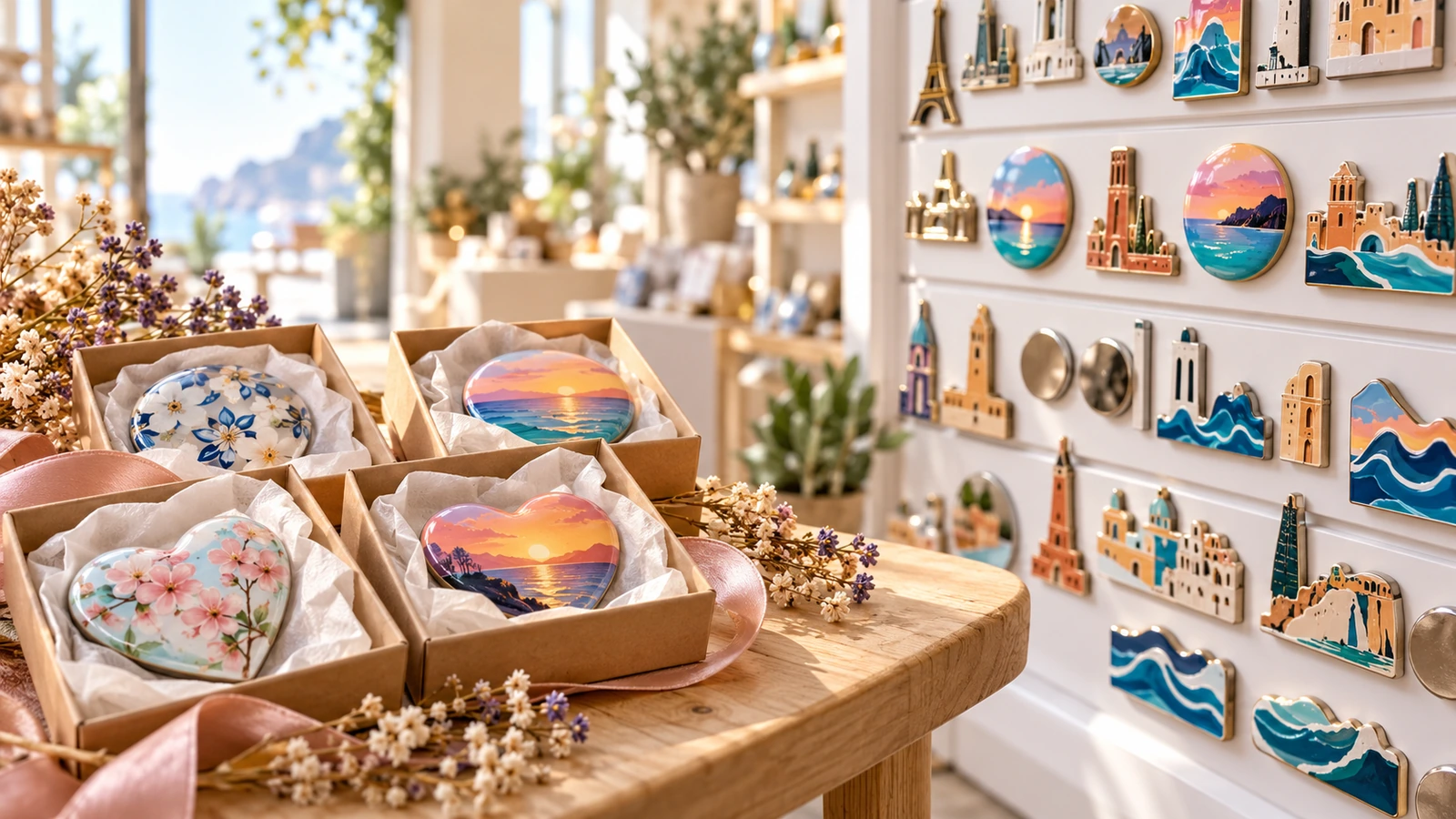Magneti da frigo con cupola lucida confezionati in piccole scatole regalo accanto a un espositore di souvenir, a illustrazione dell'uso come omaggio per eventi e nella vendita turistica