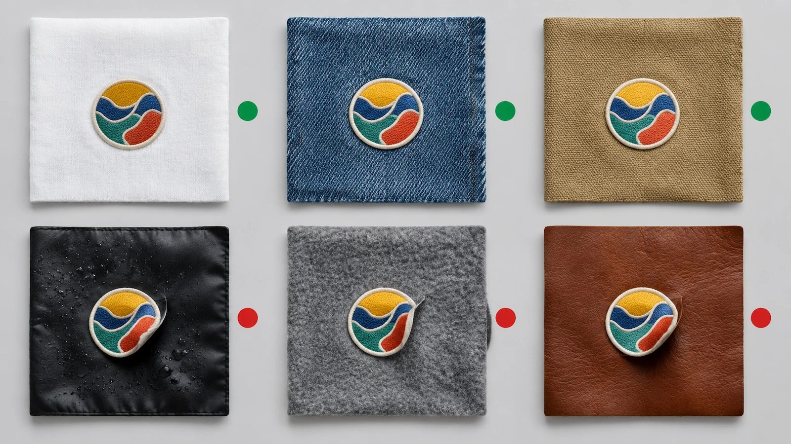 Griglia di campioni di tessuto con patch, indicatori verdi su cotone e denim e indicatori rossi su nylon e tessuto rivestito