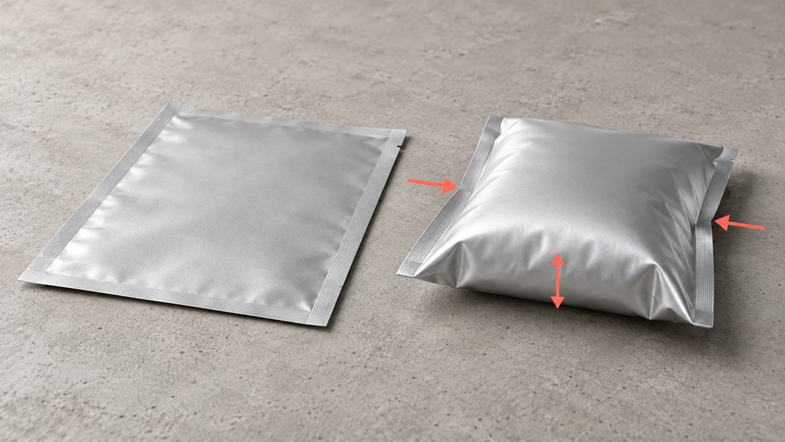 Vista laterale di un sacchetto flat vuoto accanto a un sacchetto riempito a forma di cuscino, che mostra come il riempimento aumenti lo spessore e riduca l'impronta piatta