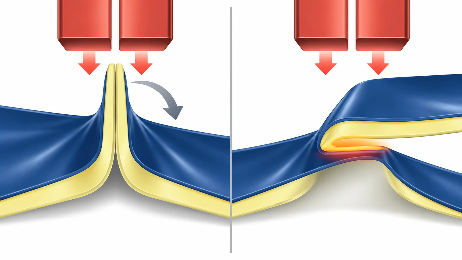 Diagramma in sezione trasversale che confronta una saldatura ad aletta, in cui gli strati interni si incontrano e si ripiegano, con una saldatura a sovrapposizione, in cui lo strato interno si sovrappone alla superficie esterna