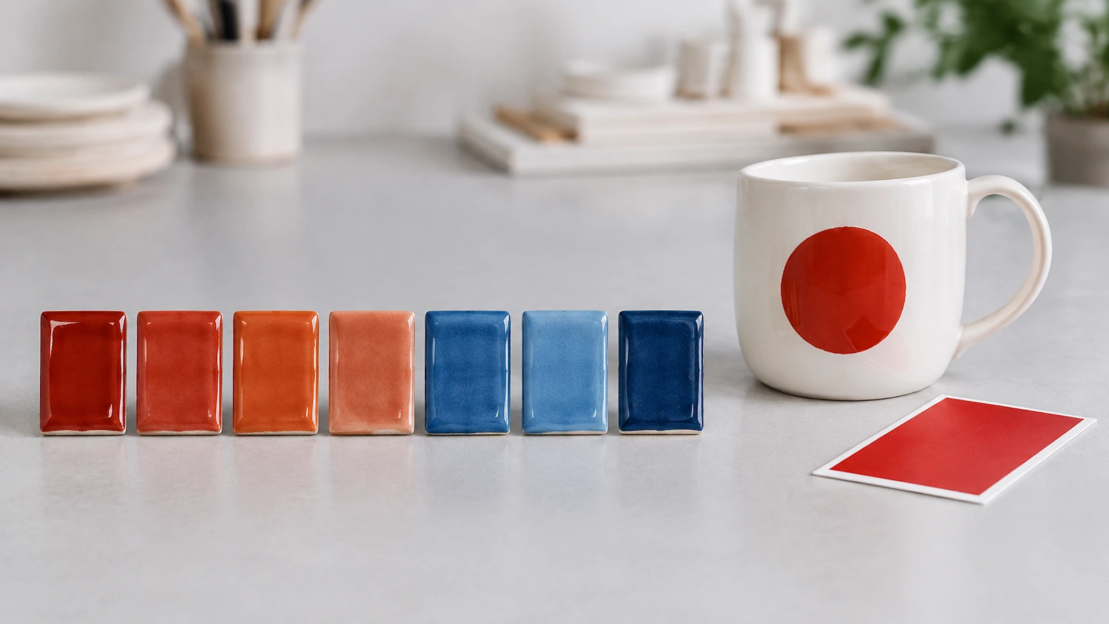 Fila di piastrelle campione in ceramica cotta in tonalità graduate di rosso, arancione e blu accanto a una tazza smaltata bianca per il confronto visivo del colore