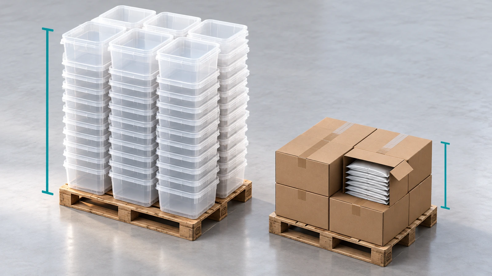Due pallet a confronto: uno con vaschette rigide vuote impilate in alto, uno con la stessa quantità di sacchetti preformati piatti in cartoni compatti