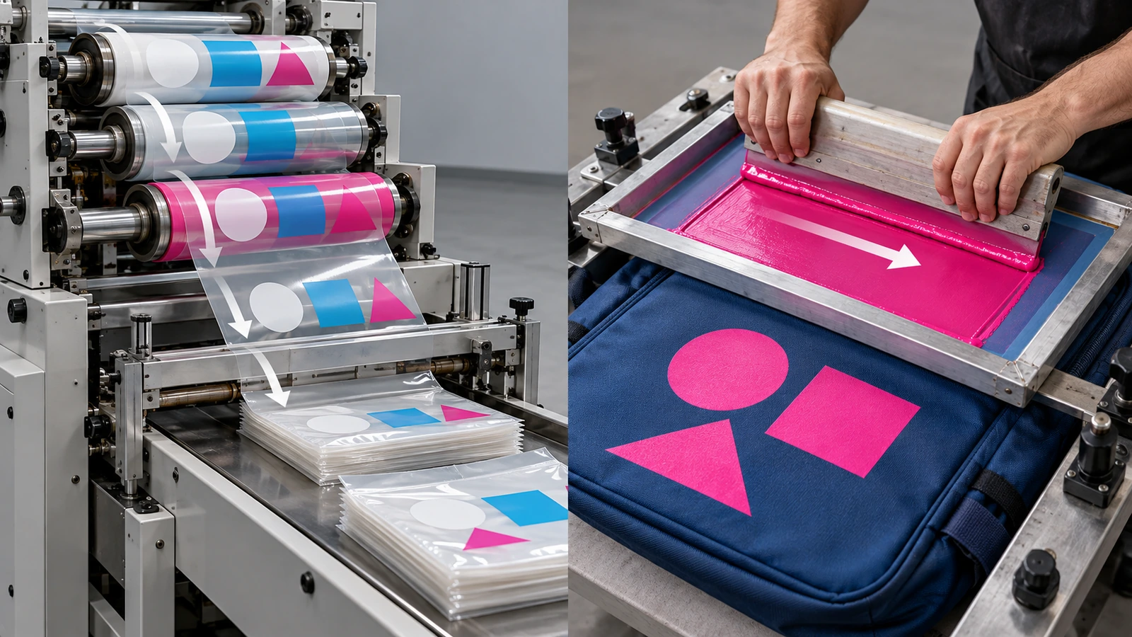 Illustrazione divisa: stampa flessografica su una bobina di film di polietilene e un telaio serigrafico che applica l'inchiostro su un pannello di zaino in tessuto