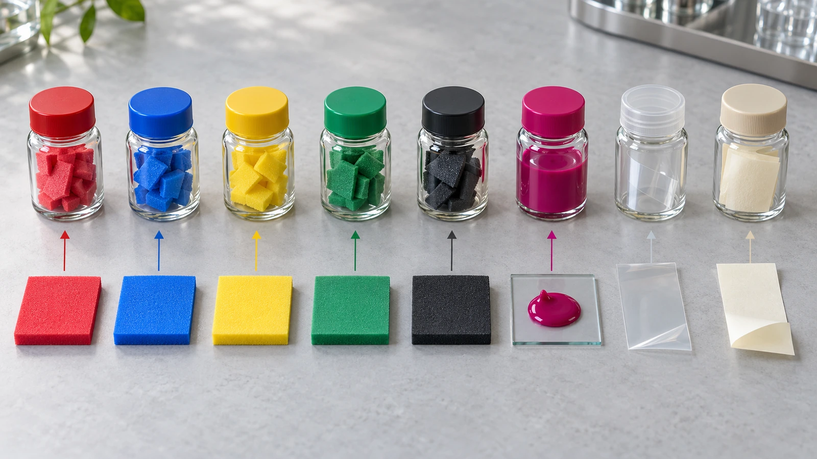 Campioni separati di schiuma EVA colorata, inchiostro, film adesivo e liner di rilascio disposti accanto a piccoli barattoli di campioni da laboratorio, a rappresentare i test di sicurezza componente per componente