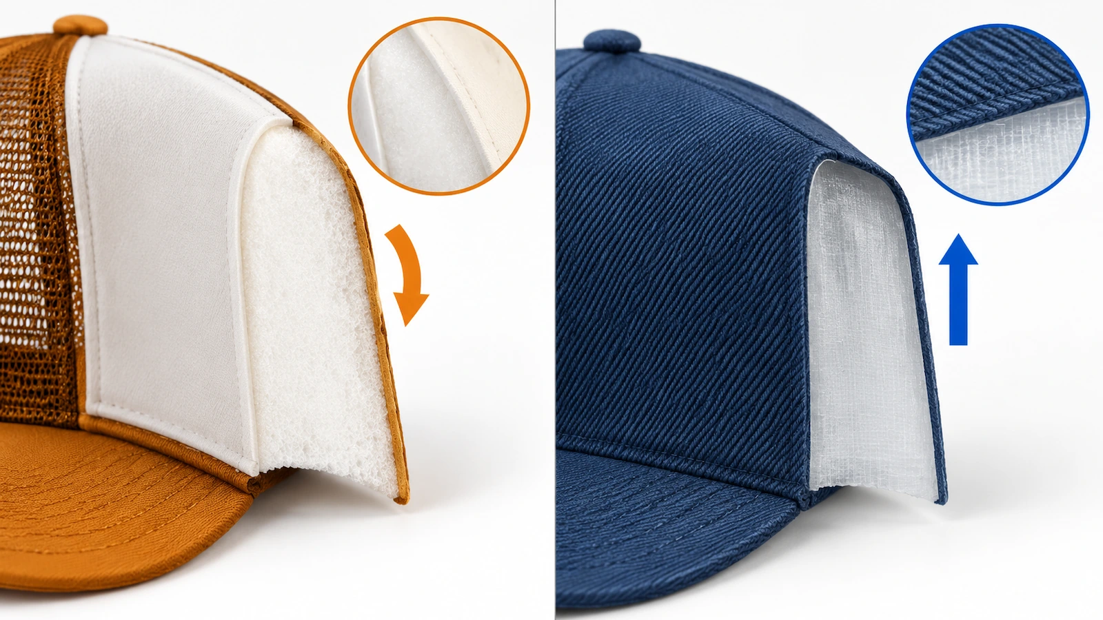 Confronto in sezione tra un frontale di cappellino trucker in espanso e un frontale in twill di cotone con buckram, che mostra spessore degli strati e rigidità