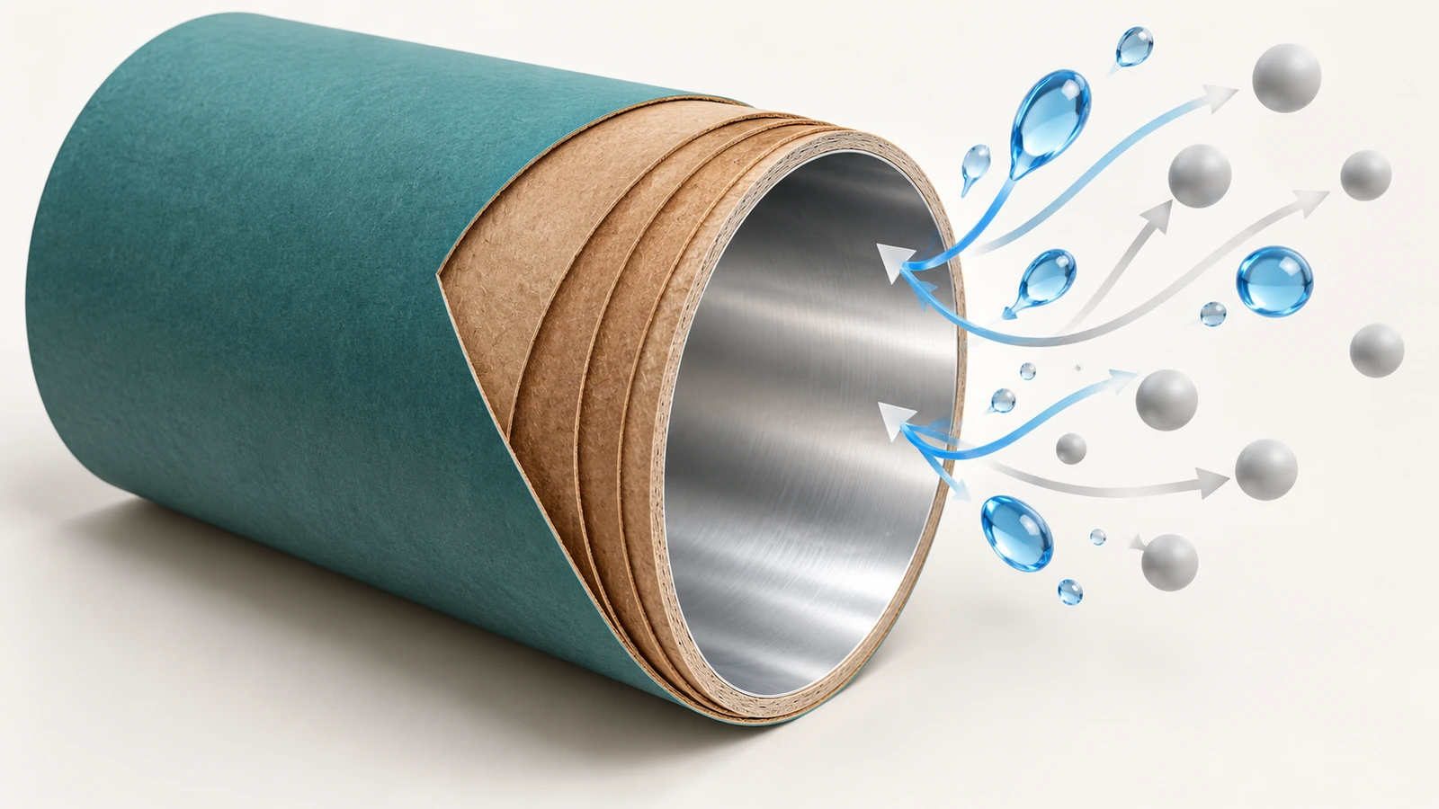 Illustrazione in sezione di un tubo per alimenti in cartoncino con strato esterno, strati strutturali di cartone e rivestimento interno metallico, con frecce che indicano il blocco di umidità e ossigeno