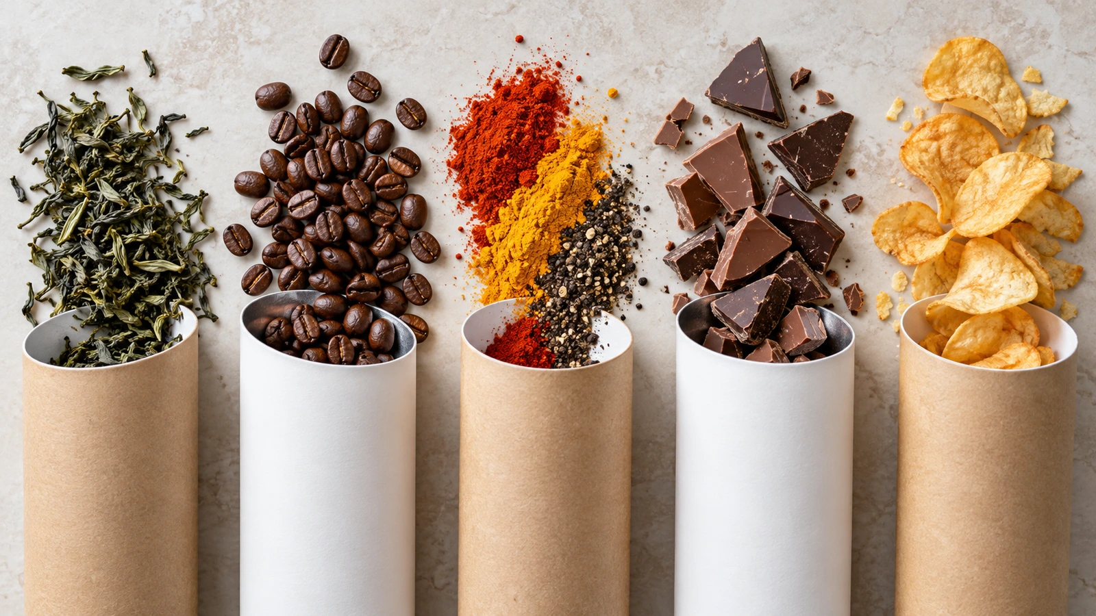 Tubi in cartoncino kraft e bianco semplici, senza stampa, disposti con foglie di tè sfuso, chicchi di caffè tostato, spezie macinate colorate, pezzi di cioccolato e patatine su una superficie neutra